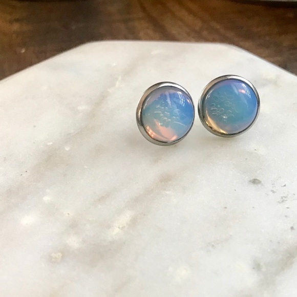 Opal & Silver Stainless Stone Stud Post Earrings - Picture 2 of 2